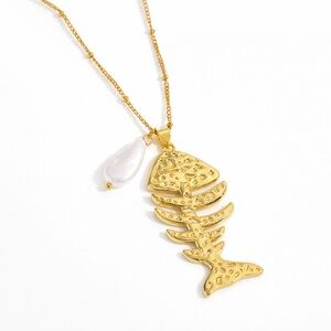 Gold Fishbone Pendant Necklace